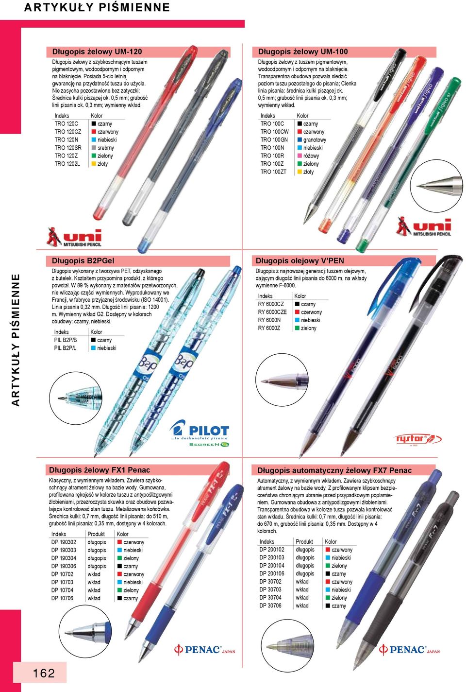 TRO 120C czarny TRO 120CZ czerwony TRO 120N niebieski TRO 120SR srebrny TRO 120Z zielony TRO 1202L złoty Długopis żelowy UM-100 Długopis żelowy z tuszem pigmentowym, wodoodpornym i odpornym na