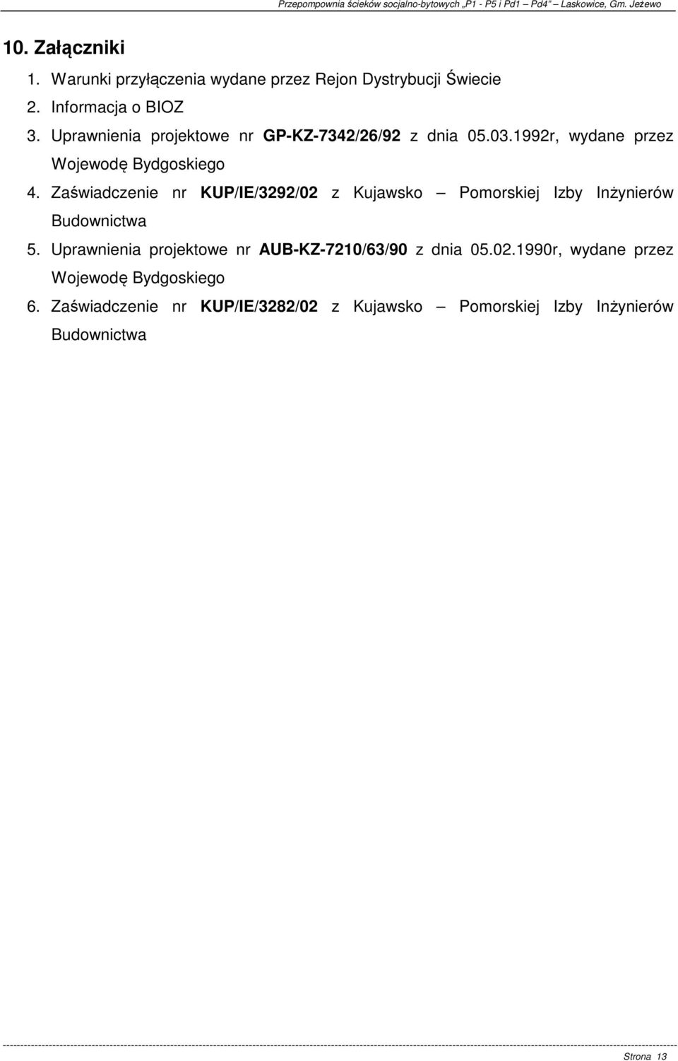 Uprawnienia projektowe nr AUB-KZ-7210/63/90 z dnia 05.02.1990r, wydane przez Wojewodę Bydgoskiego 6.