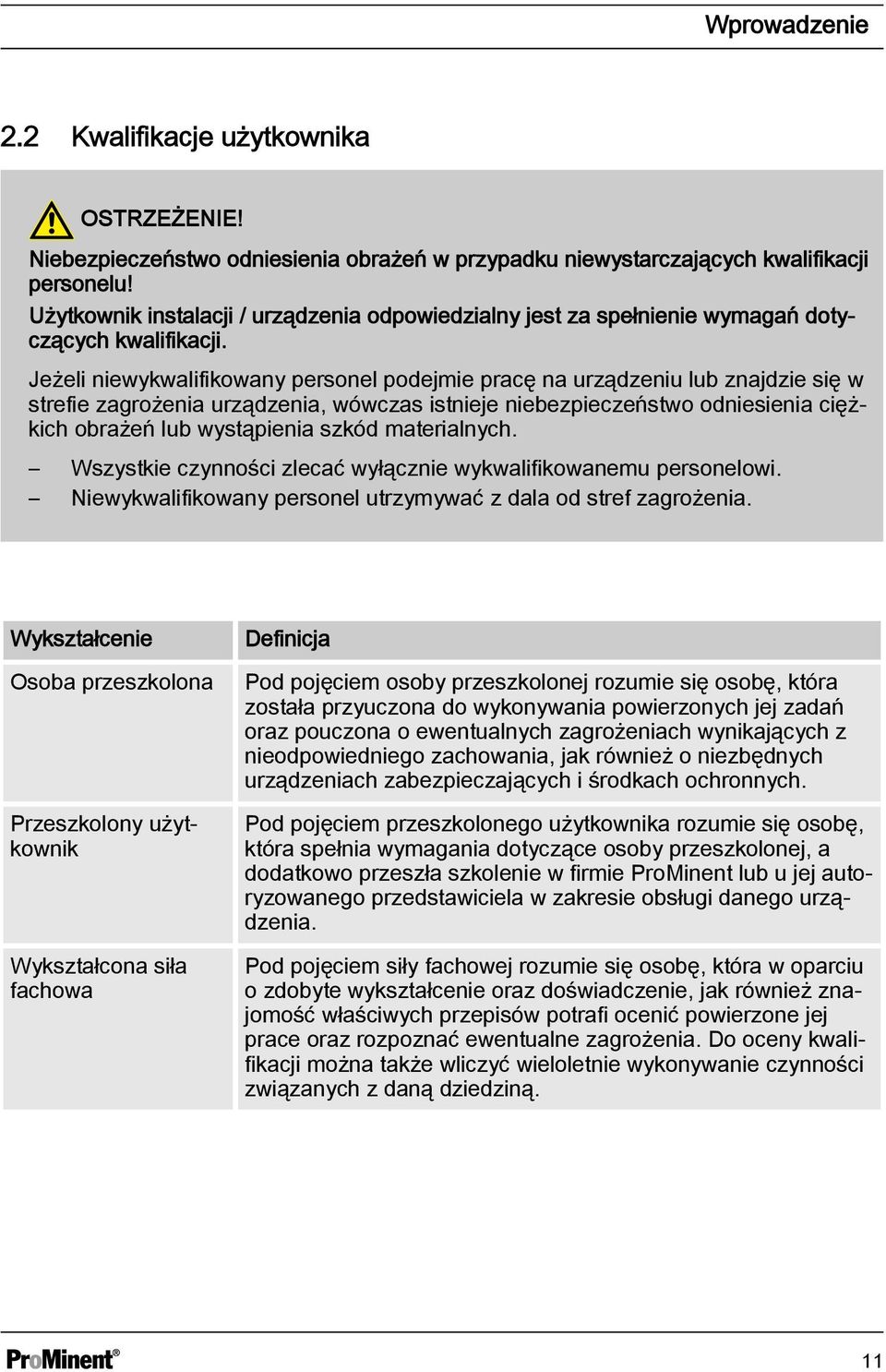 Jeżeli niewykwalifikowany personel podejmie pracę na urządzeniu lub znajdzie się w strefie zagrożenia urządzenia, wówczas istnieje niebezpieczeństwo odniesienia ciężkich obrażeń lub wystąpienia szkód