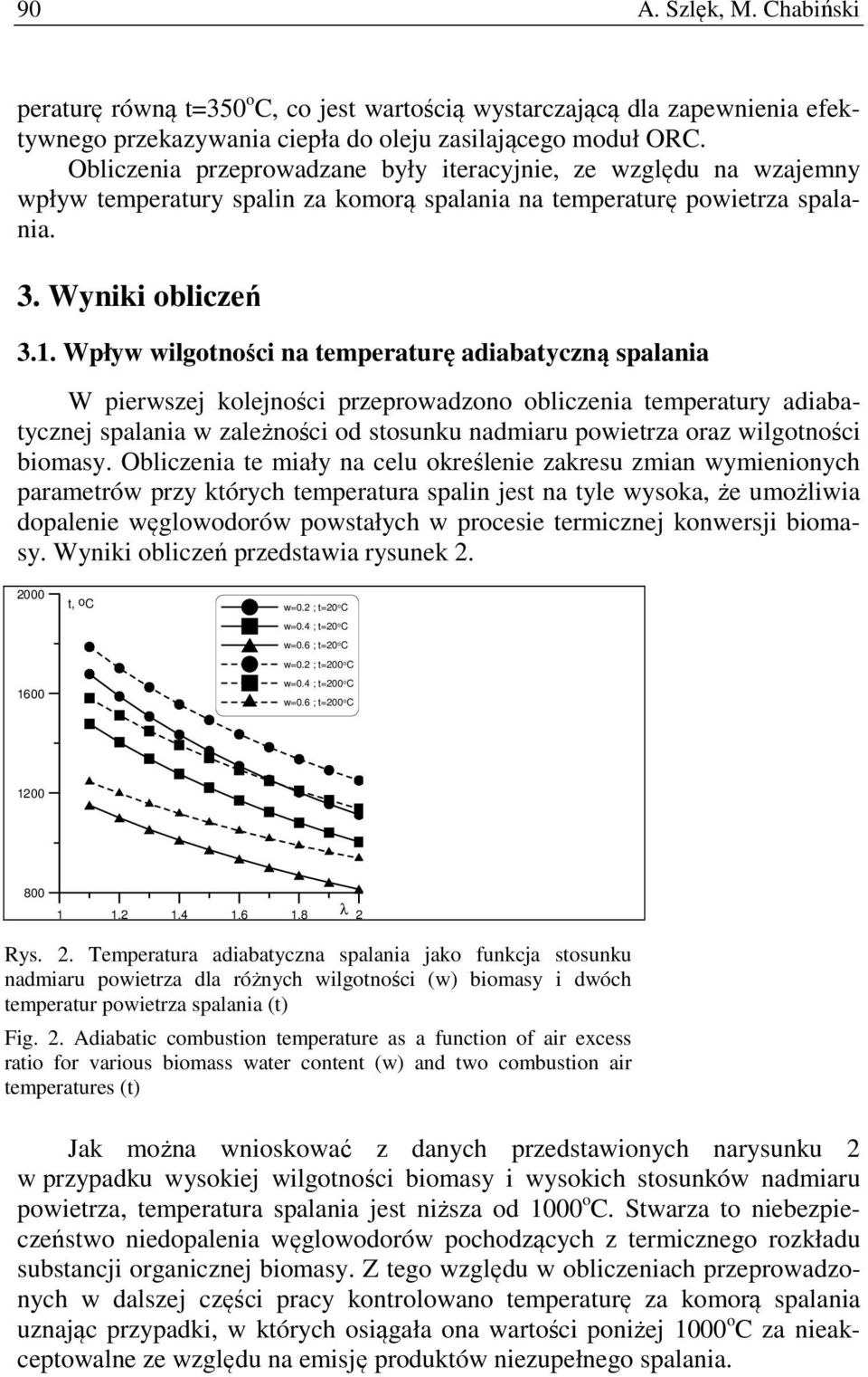 Wpływ wilgotności na temperaturę adiabatyczną spalania W pierwszej kolejności przeprowadzono obliczenia temperatury adiabatycznej spalania w zależności od stosunku nadmiaru powietrza oraz wilgotności