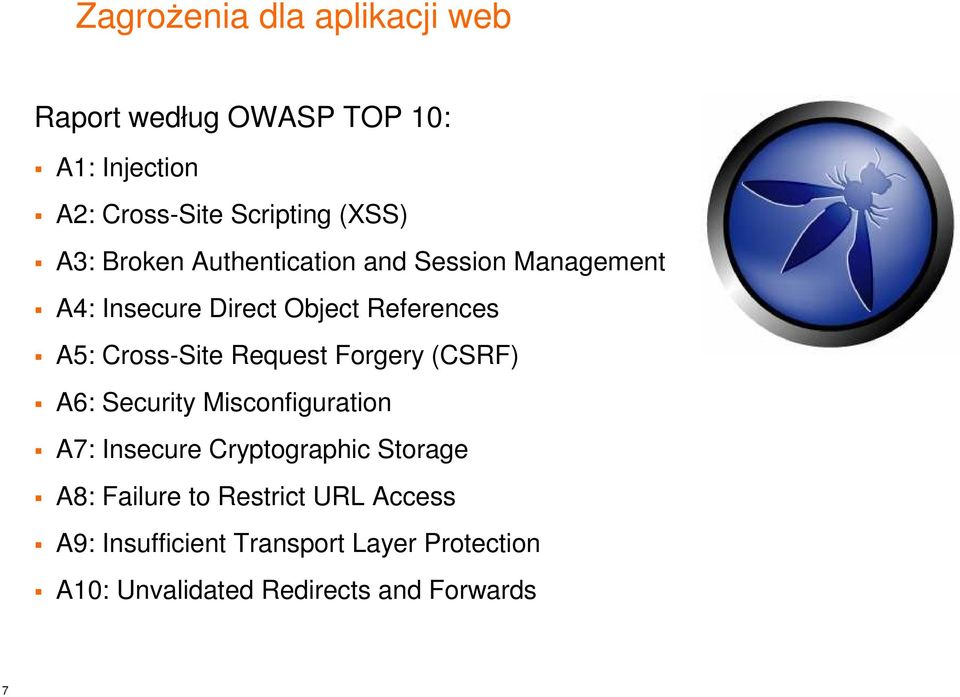 Request Forgery (CSRF) A6: Security Misconfiguration A7: Insecure Cryptographic Storage A8: Failure to