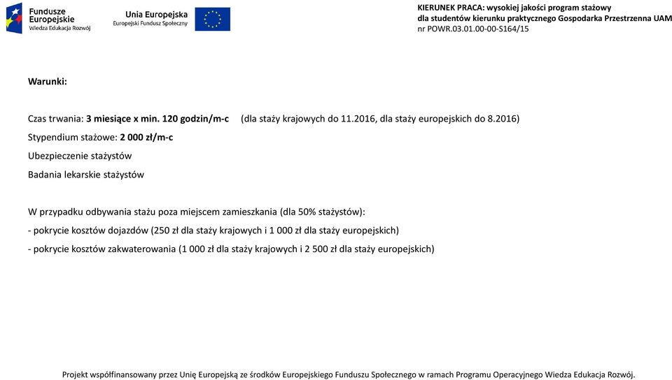 poza miejscem zamieszkania (dla 50% stażystów): - pokrycie kosztów dojazdów (250 zł dla staży krajowych i 1 000 zł