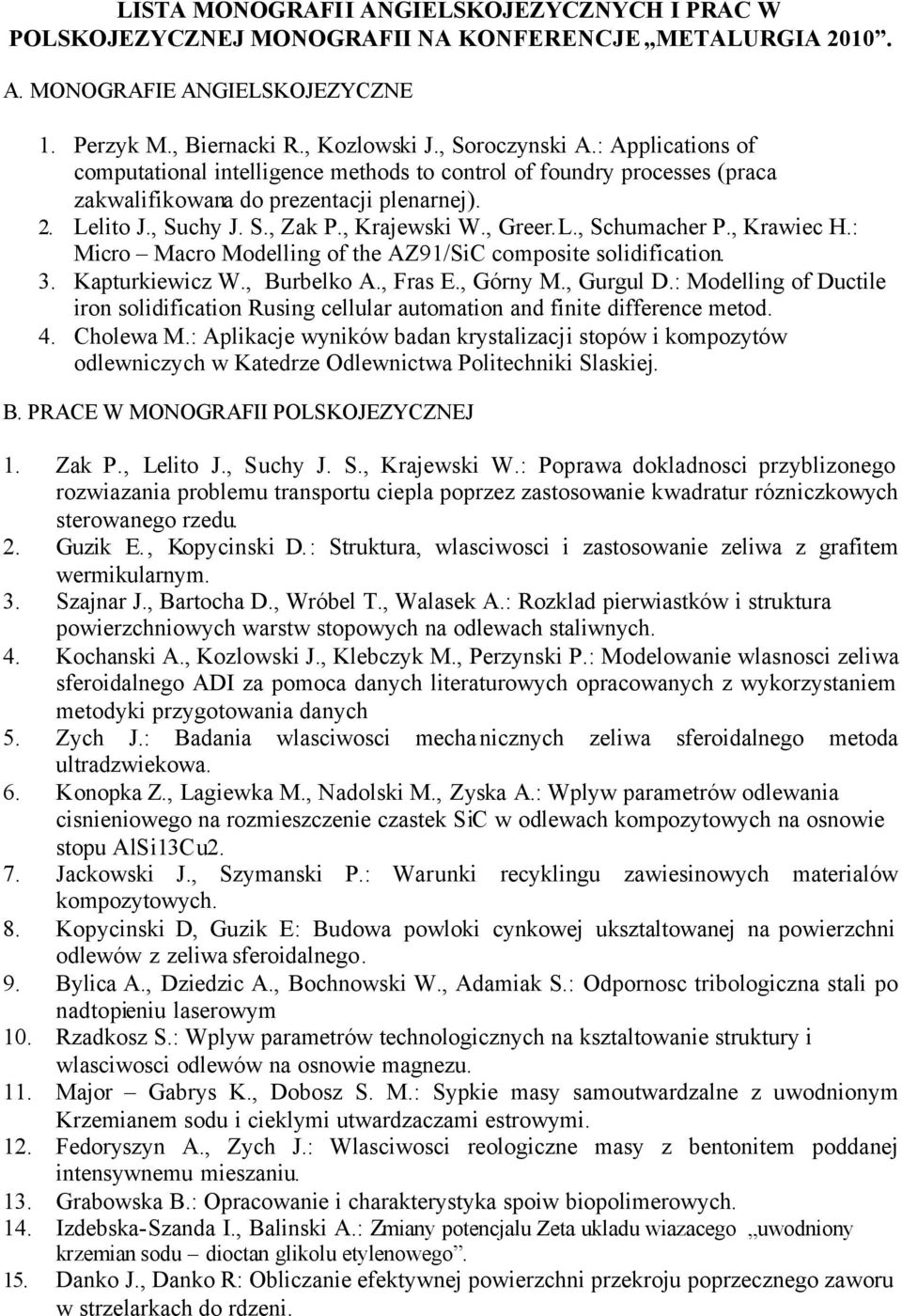 , Krawiec H.: Micro Macro Modelling of the AZ91/SiC composite solidification. 3. Kapturkiewicz W., Burbelko A., Fras E., Górny M., Gurgul D.