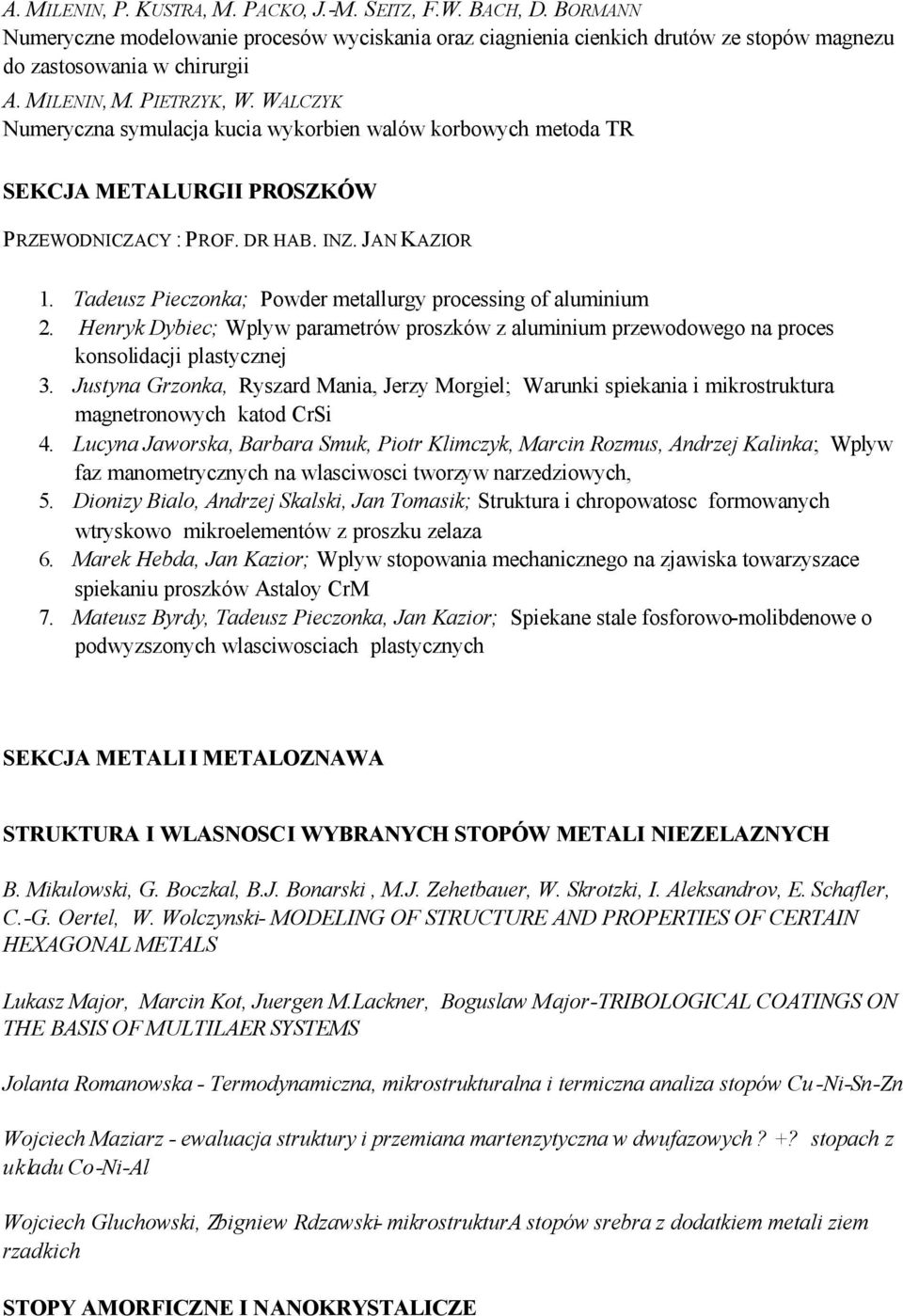 Tadeusz Pieczonka; Powder metallurgy processing of aluminium 2. Henryk Dybiec; Wplyw parametrów proszków z aluminium przewodowego na proces konsolidacji plastycznej 3.