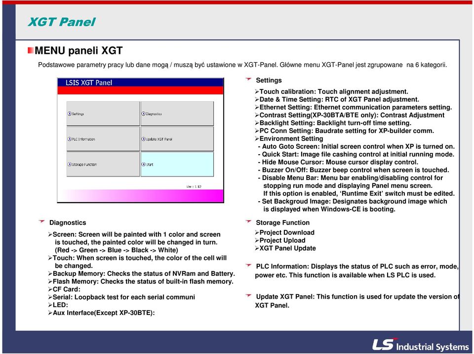 Contrast Setting(XP-30BTA/BTE only): Contrast Adjustment Backlight Setting: Backlight turn-off time setting. PC Conn Setting: Baudrate setting for XP-builder comm.