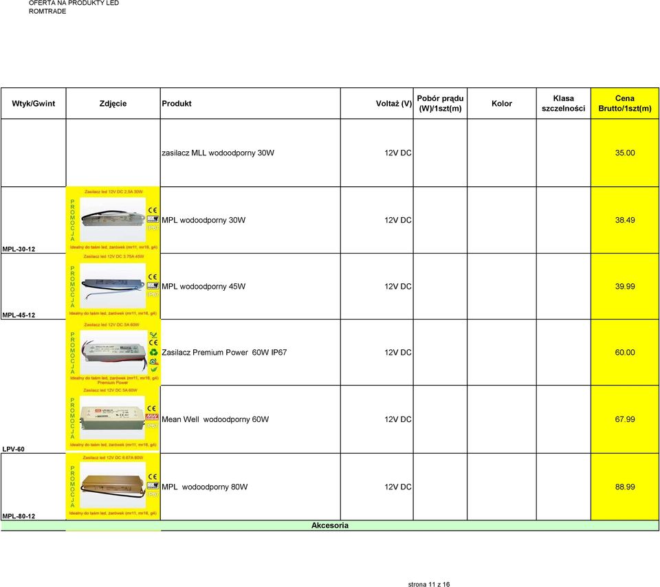 99 MPL-45-12 Zasilacz Premium Power 60W IP67 12V DC 60.