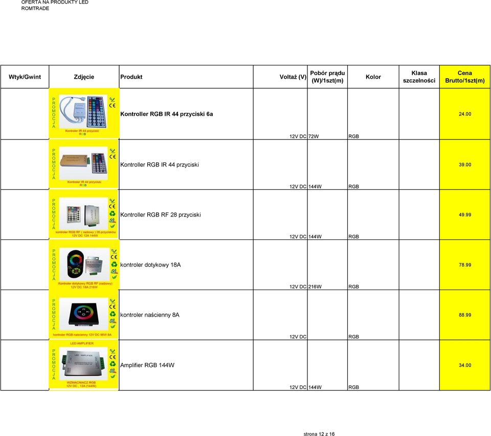 00 12V DC 144W RGB Kontroller RGB RF 28 przyciski 49.
