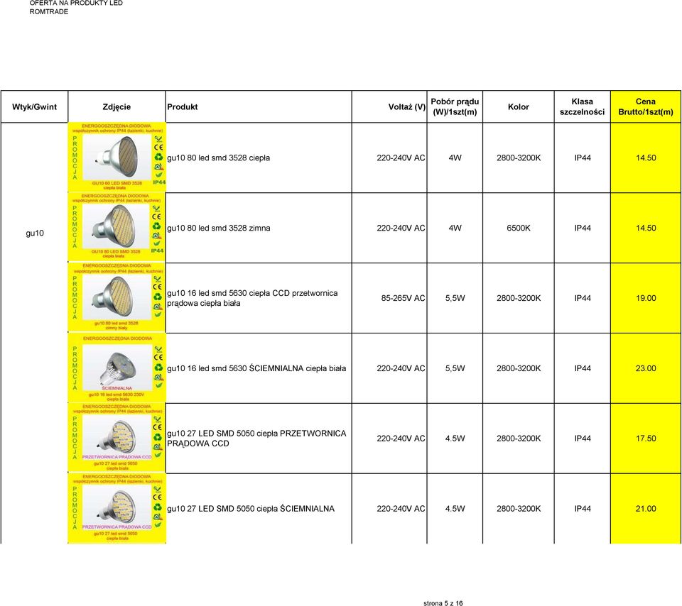 00 gu10 16 led smd 5630 ŚCIEMNIALNA ciepła biała 220-240V AC 5,5W 2800-3200K IP44 23.