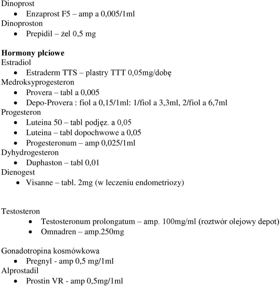 a 0,05 Luteina tabl dopochwowe a 0,05 Progesteronum amp 0,025/1ml Dyhydrogesteron Duphaston tabl 0,01 Dienogest Visanne tabl.