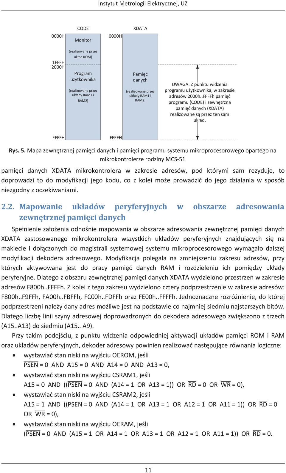 Mapa zewnętrznej pamięci danych i pamięci programu systemu mikroprocesorowego opartego na mikrokontrolerze rodziny MCS-51 pamięci danych XDATA mikrokontrolera w zakresie adresów, pod którymi sam