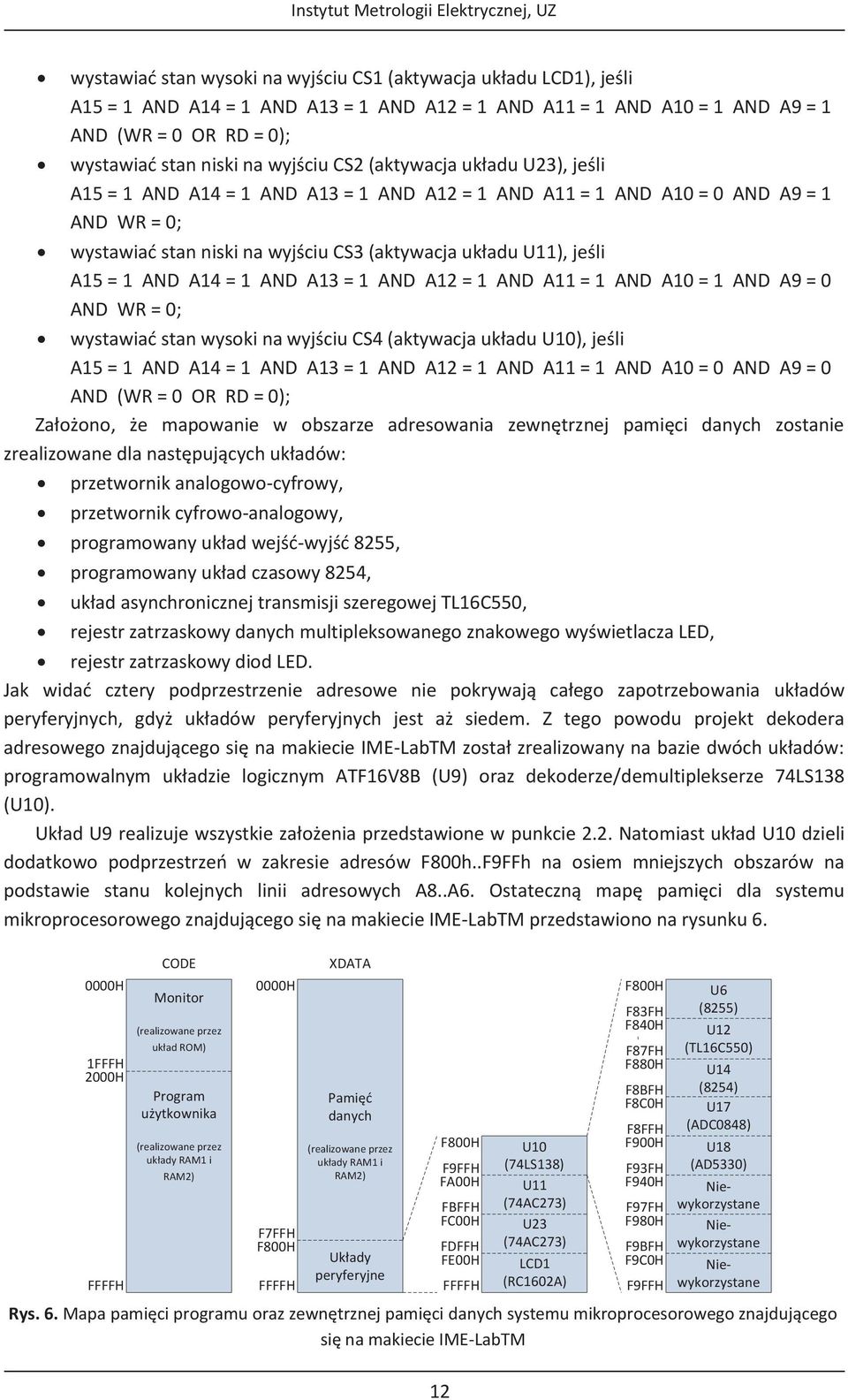 A15 = 1 AND A14 = 1 AND A13 = 1 AND A12 = 1 AND A11 = 1 AND A10 = 1 AND A9 = 0 AND WR = 0; wystawiać stan wysoki na wyjściu CS4 (aktywacja układu U10), jeśli A15 = 1 AND A14 = 1 AND A13 = 1 AND A12 =