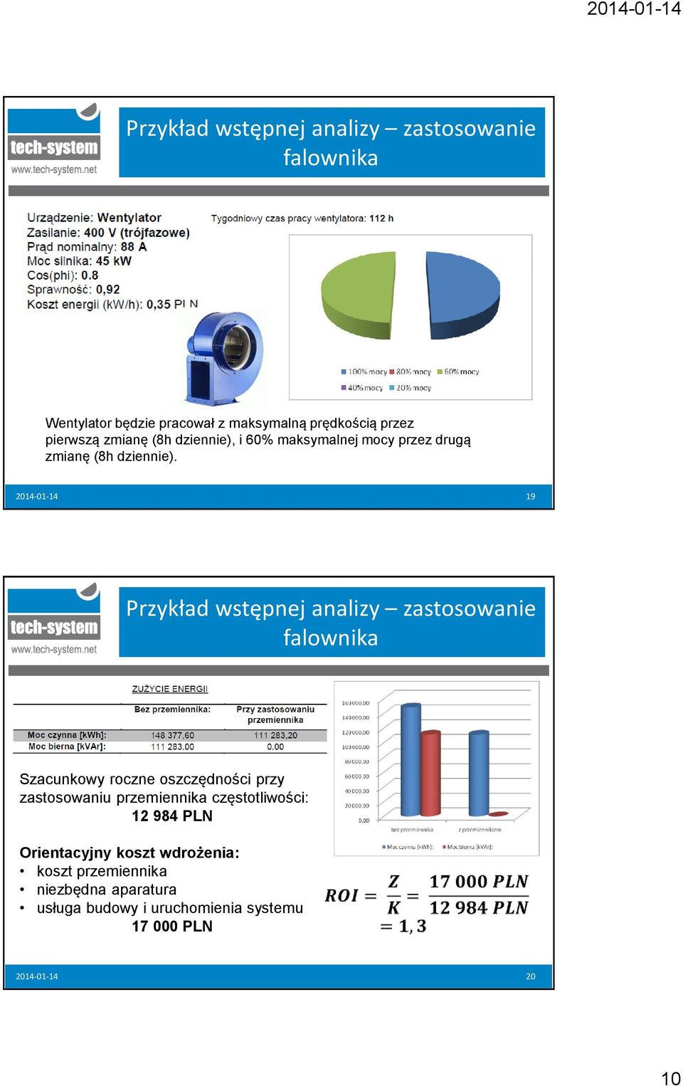 2014-01-14 19 Przykład wstępnej analizy zastosowanie falownika Szacunkowy roczne oszczędności przy zastosowaniu