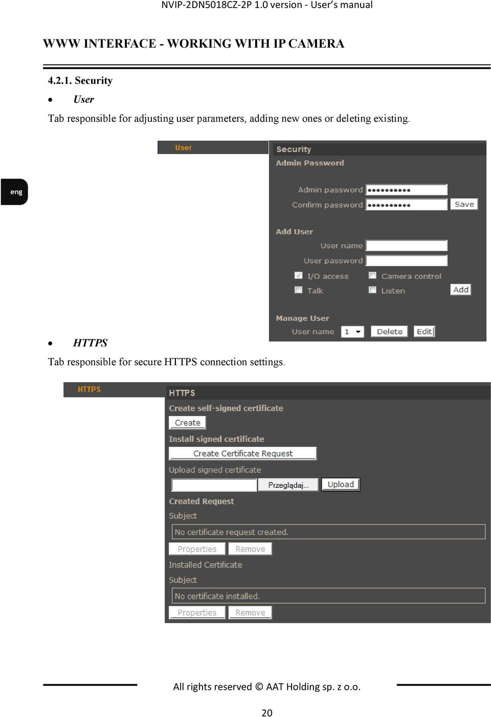 Security User Tab responsible for adjusting user parameters, adding new