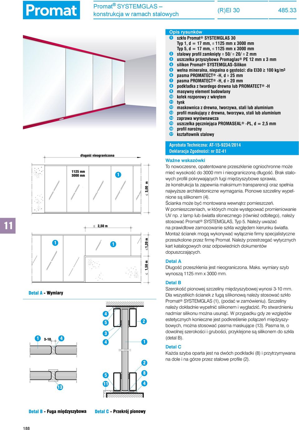 Promat SYSTEMGLAS-Silikon 5 wełna mineralna, niepalna o gęstości: dla EI0 100 kg/m 6 pasma PROMATECT -H, d ł 25 mm 7 pasma PROMATECT -H, d ł 20 mm 8 podkładka z twardego drewna lub PROMATECT -H 9