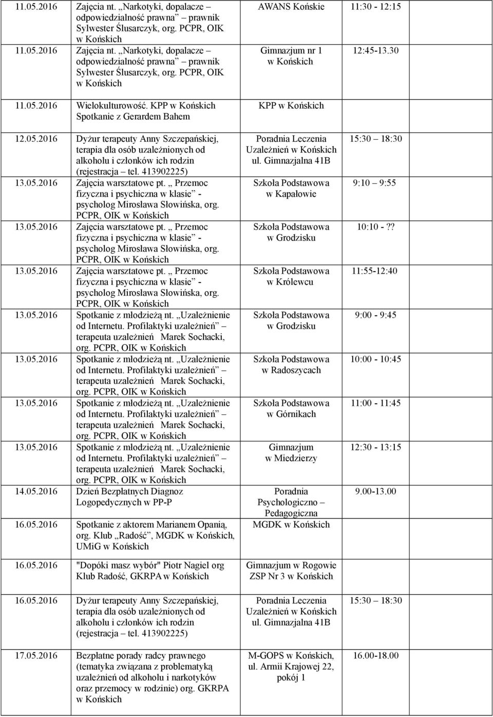 PCPR, OIK org. PCPR, OIK org. PCPR, OIK org. PCPR, OIK 14.05. Dzień Bezpłatnych Diagnoz Logopedycznych w PP-P 16.05. Spotkanie z aktorem Marianem Opanią, org. Klub Radość, MGDK, UMiG 16.05. "Dopóki masz wybór" Piotr Nagiel org Klub Radość, GKRPA 16.