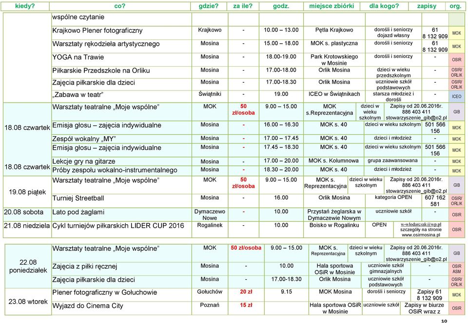 00 Park Krotowskiego w i seniorzy Piłkarskie Przedszkole na Orliku Mosina 17.0018.00 Orlik Mosina przed Zajęcia piłkarskie dla dzieci Mosina 17.0018.30 Orlik Mosina uczniowie szkół Zabawa w teatr Świątniki 19.