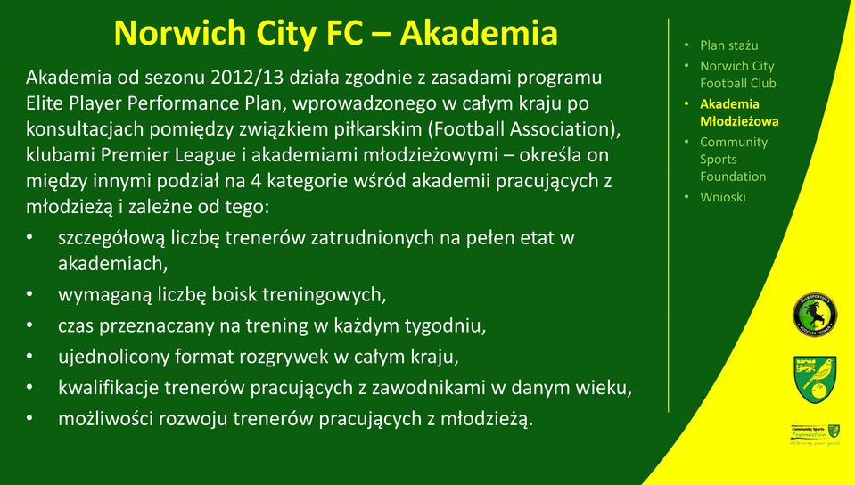 młodzieżą i zależne od tego: szczegółową liczbę trenerów zatrudnionych na pełen etat w akademiach, wymaganą liczbę boisk treningowych, czas przeznaczany na trening w