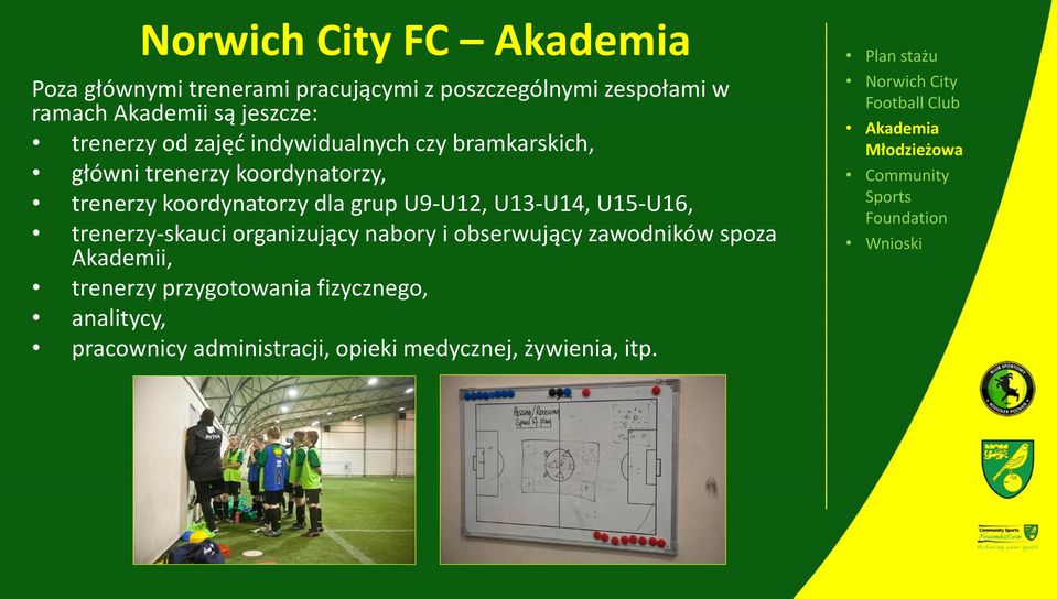 koordynatorzy dla grup U9-U12, U13-U14, U15-U16, trenerzy-skauci organizujący nabory i obserwujący zawodników