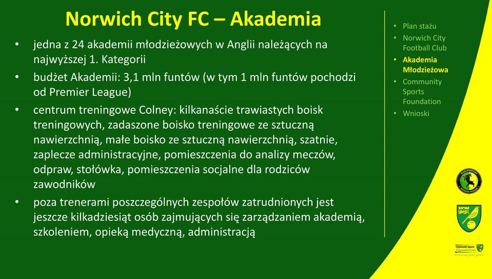 zadaszone boisko treningowe ze sztuczną nawierzchnią, małe boisko ze sztuczną nawierzchnią, szatnie, zaplecze administracyjne, pomieszczenia do analizy meczów,