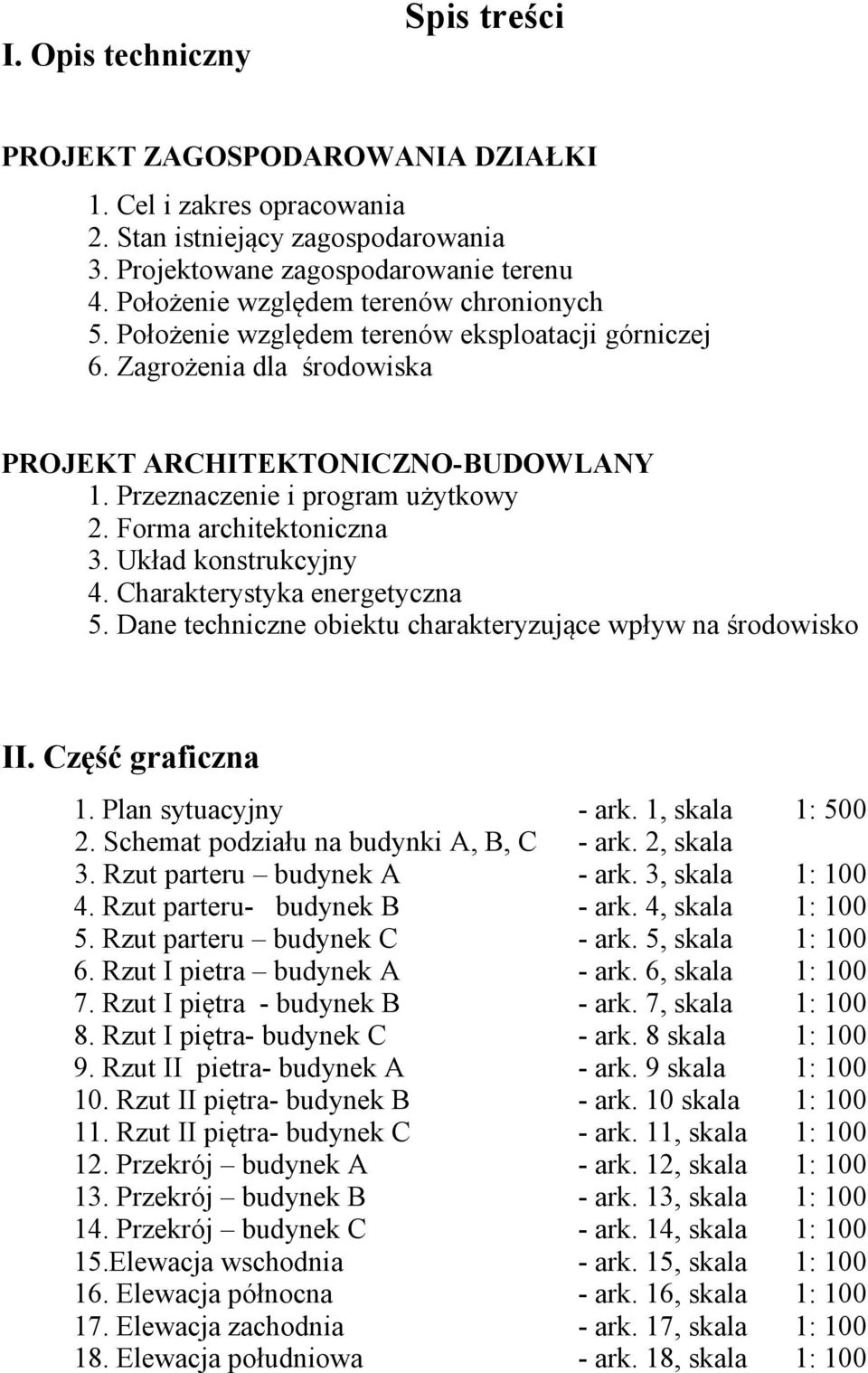 Forma architektoniczna 3. Układ konstrukcyjny 4. Charakterystyka energetyczna 5. Dane techniczne obiektu charakteryzujące wpływ na środowisko II. Część graficzna 1. Plan sytuacyjny - ark.