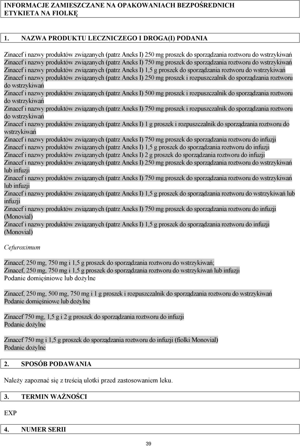 Aneks I) 750 mg proszek do sporządzania roztworu do wstrzykiwań Zinacef i nazwy produktów związanych (patrz Aneks I) 1,5 g proszek do sporządzania roztworu do wstrzykiwań Zinacef i nazwy produktów