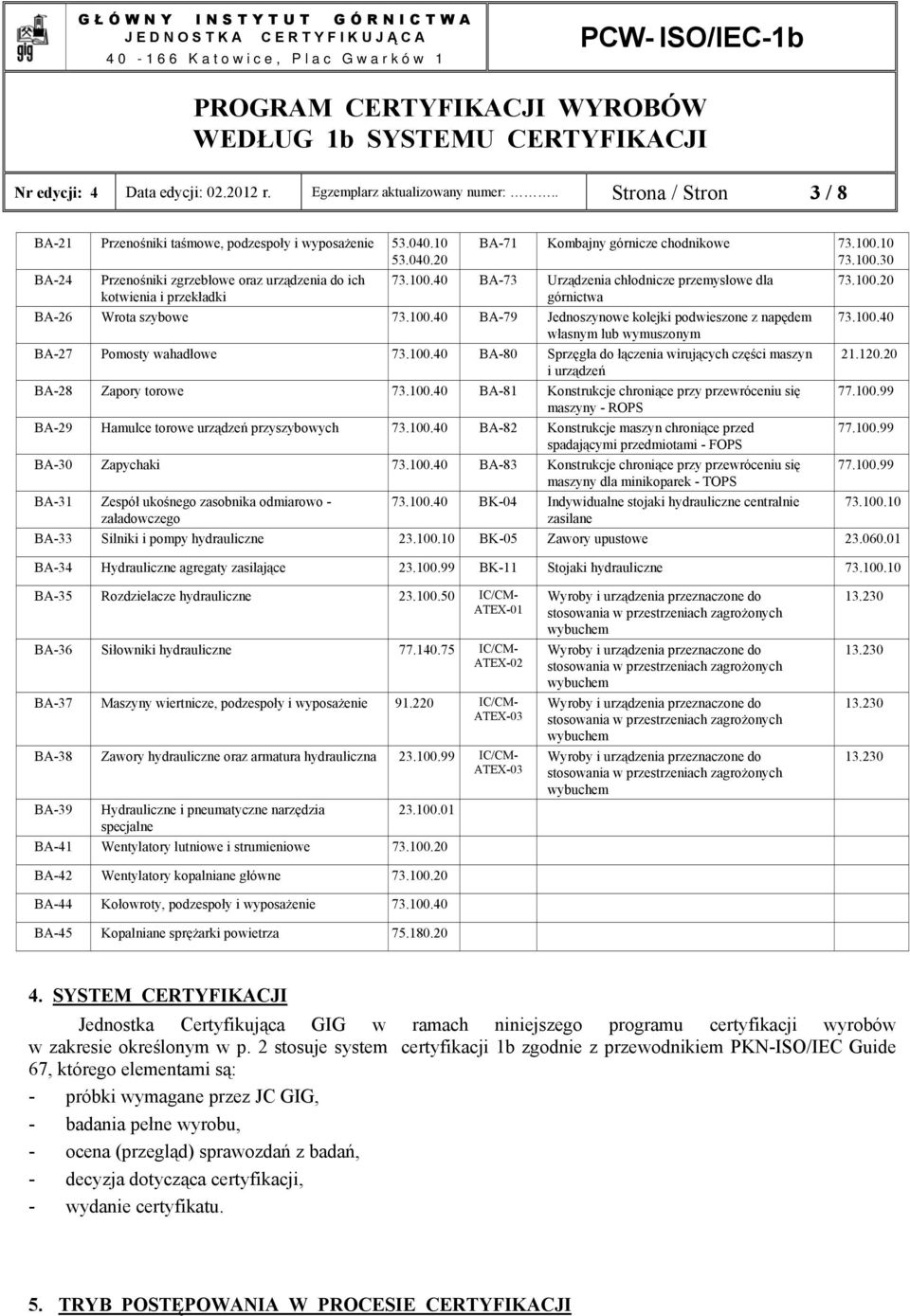 10 73.100.30 73.100.40 BA-73 Urządzenia chłodnicze przemysłowe dla górnictwa BA-26 Wrota szybowe 73.100.40 BA-79 Jednoszynowe kolejki podwieszone z napędem własnym lub wymuszonym BA-27 Pomosty wahadłowe 73.