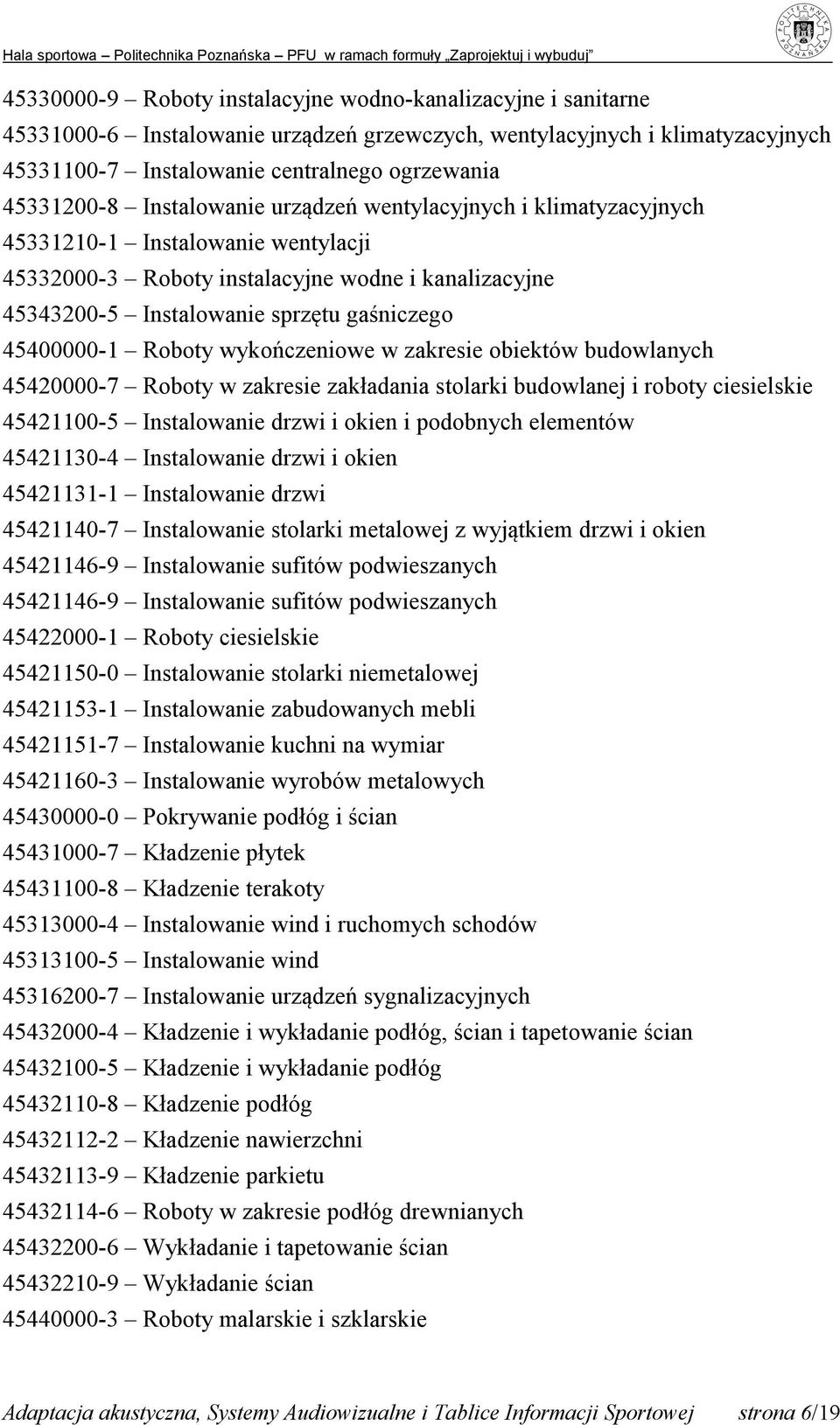 Roboty wykończeniowe w zakresie obiektów budowlanych 45420000-7 Roboty w zakresie zakładania stolarki budowlanej i roboty ciesielskie 45421100-5 Instalowanie drzwi i okien i podobnych elementów