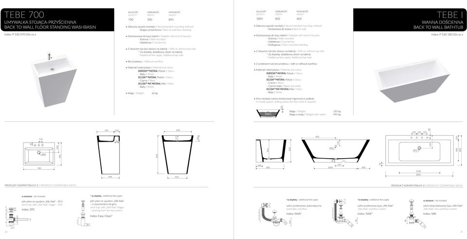 530 1 02x xx x Przy montażu syfonu konieczność ingerencji w podłoże To install syphon, drilling below the floor level is required 310 L Waga / Weight : Waga z wodą / Weight with water : 185 kg 495 kg