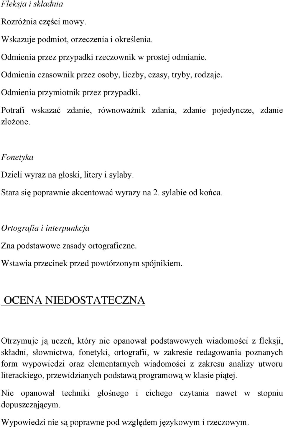 Fonetyka Dzieli wyraz na głoski, litery i sylaby. Stara się poprawnie akcentować wyrazy na 2. sylabie od końca. Ortografia i interpunkcja Zna podstawowe zasady ortograficzne.