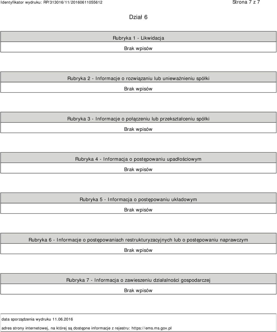 Rubryka 6 - Informacje o postępowaniach restrukturyzacyjnych lub o postępowaniu naprawczym Rubryka 7 - Informacja o zawieszeniu