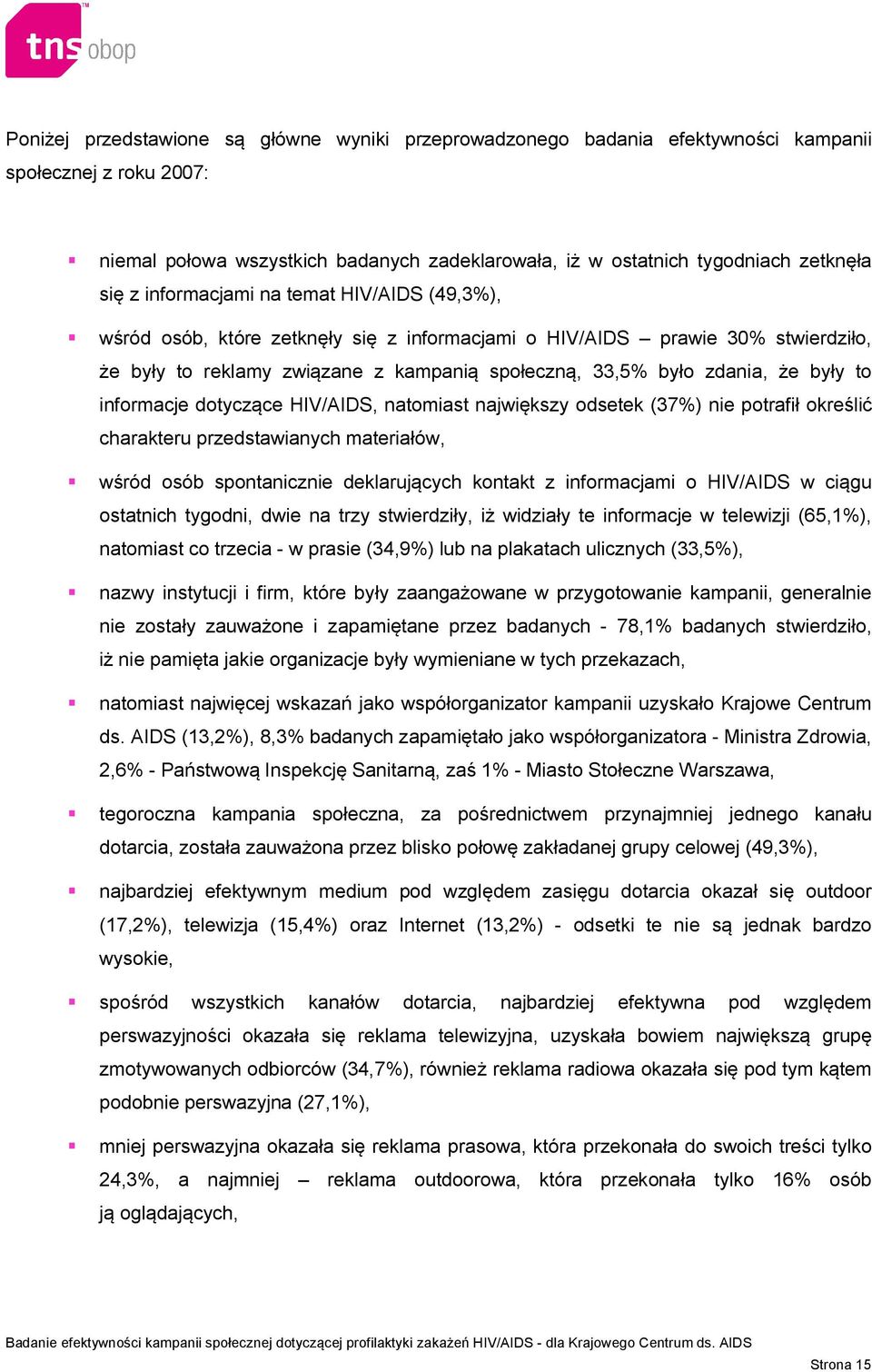 to informacje dotyczące HIV/AIDS, natomiast największy odsetek (37%) nie potrafił określić charakteru przedstawianych materiałów, wśród osób spontanicznie deklarujących kontakt z informacjami o