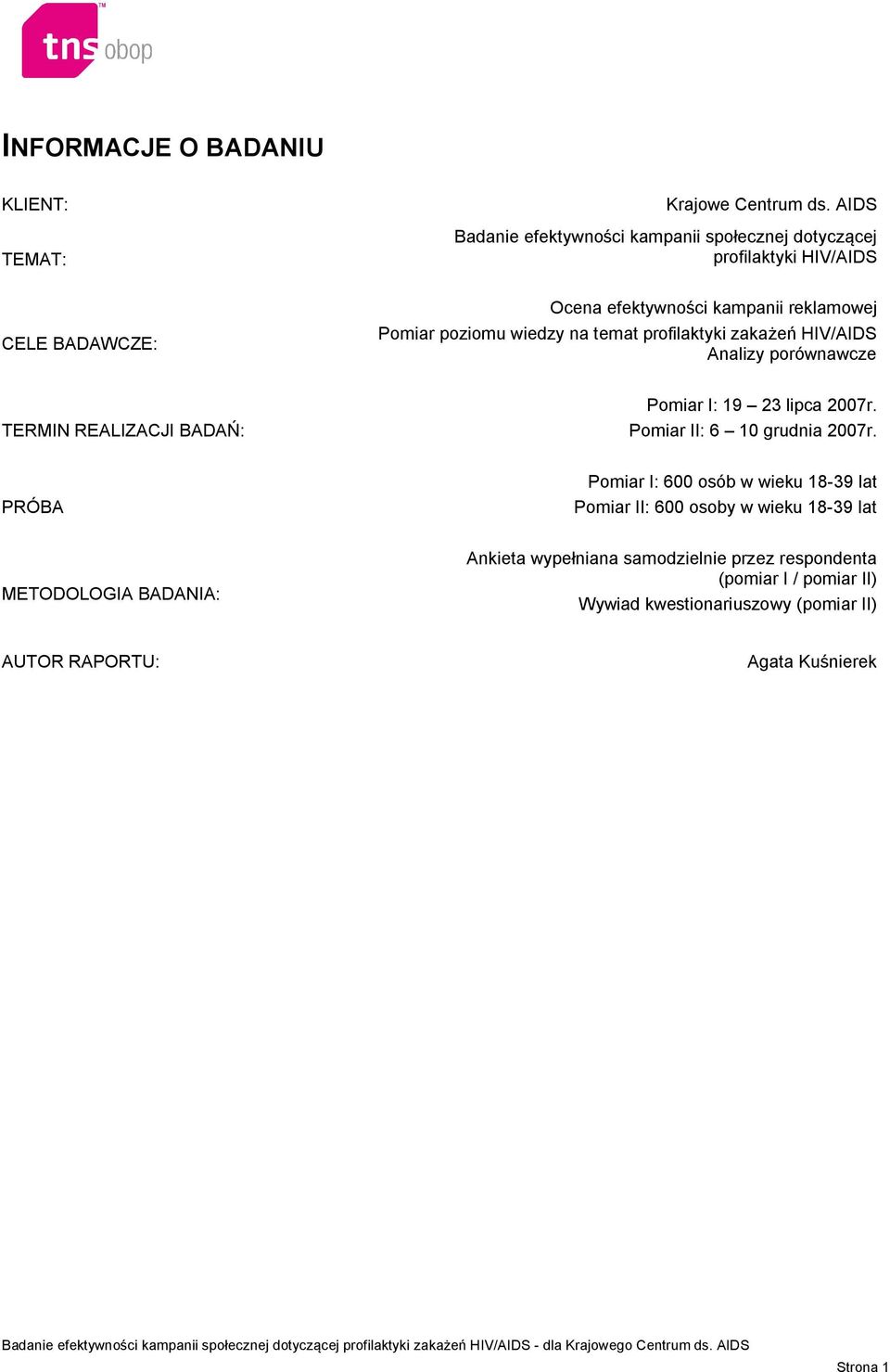 wiedzy na temat profilaktyki zakażeń HIV/AIDS Analizy porównawcze TERMIN REALIZACJI BADAŃ: Pomiar I: 19 23 lipca 2007r. Pomiar II: 6 10 grudnia 2007r.