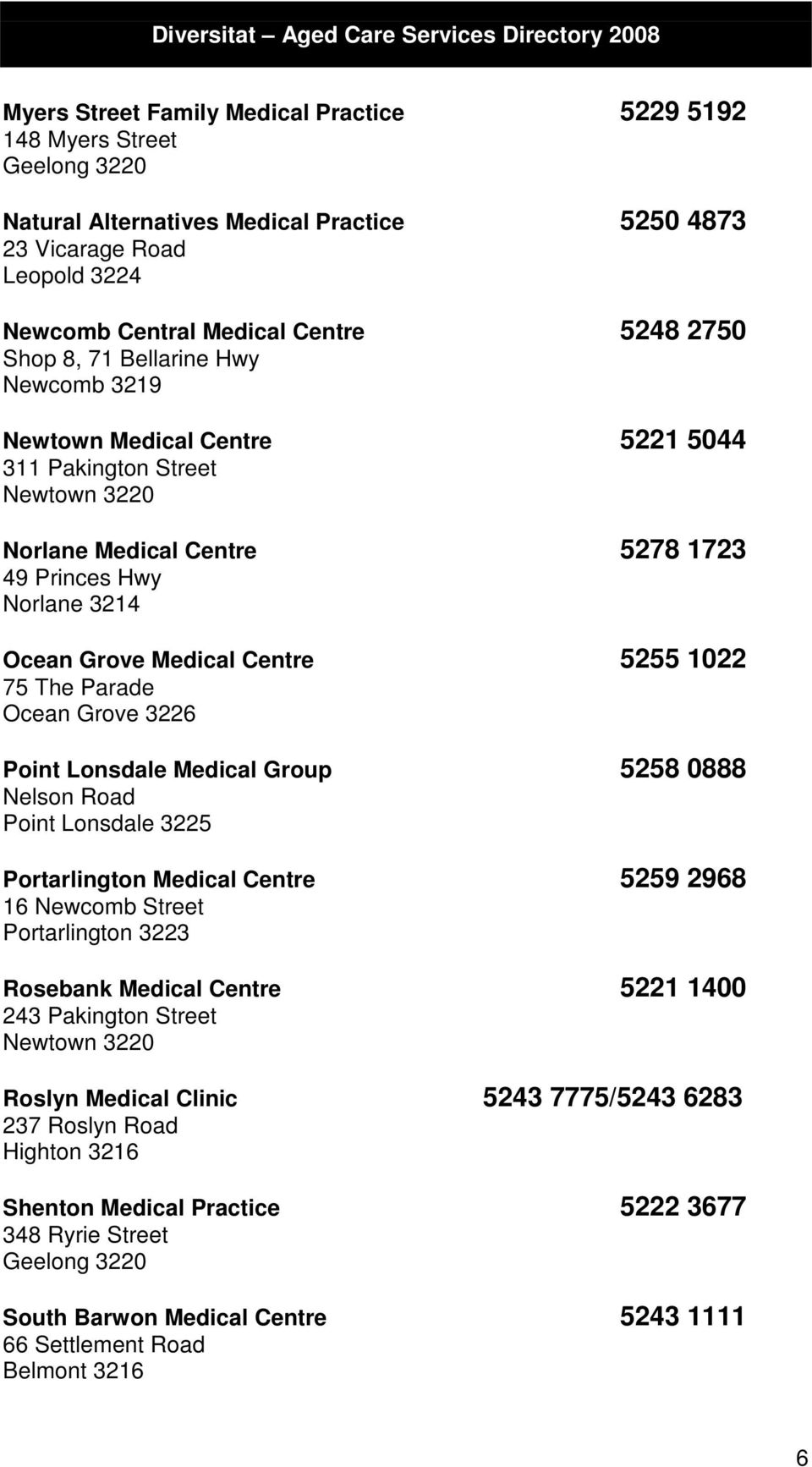 1022 75 The Parade Ocean Grove 3226 Point Lonsdale Medical Group 5258 0888 Nelson Road Point Lonsdale 3225 Portarlington Medical Centre 5259 2968 16 Newcomb Street Portarlington 3223 Rosebank Medical