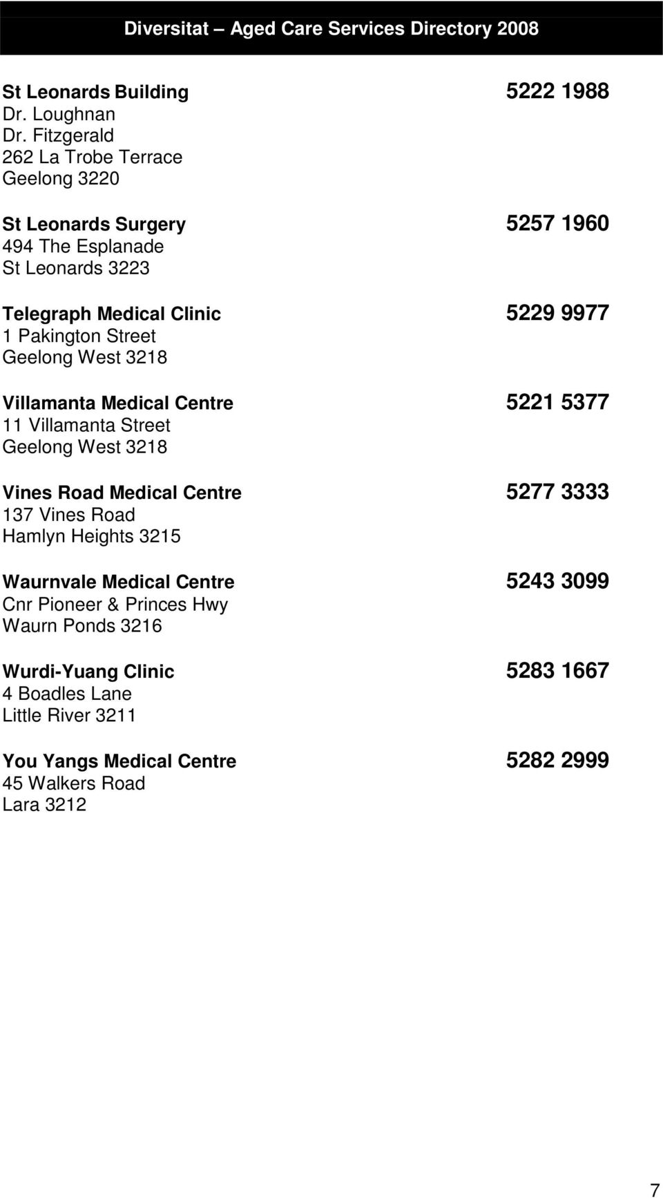 1 Pakington Street Geelong West 3218 Villamanta Medical Centre 5221 5377 11 Villamanta Street Geelong West 3218 Vines Road Medical Centre 5277