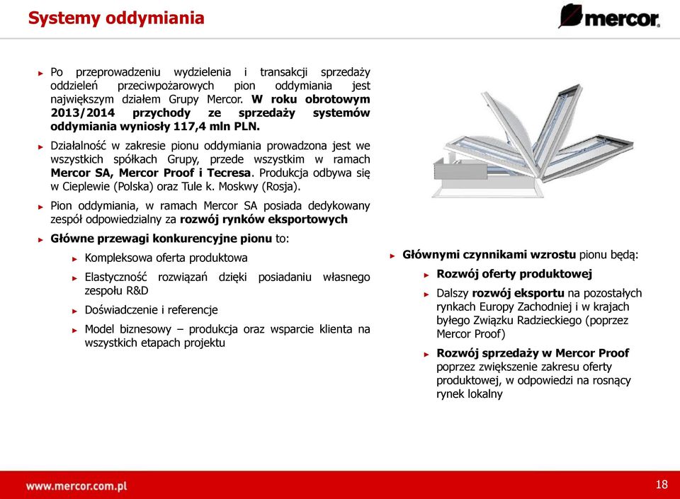 Działalność w zakresie pionu oddymiania prowadzona jest we wszystkich spółkach Grupy, przede wszystkim w ramach Mercor SA, Mercor Proof i Tecresa.