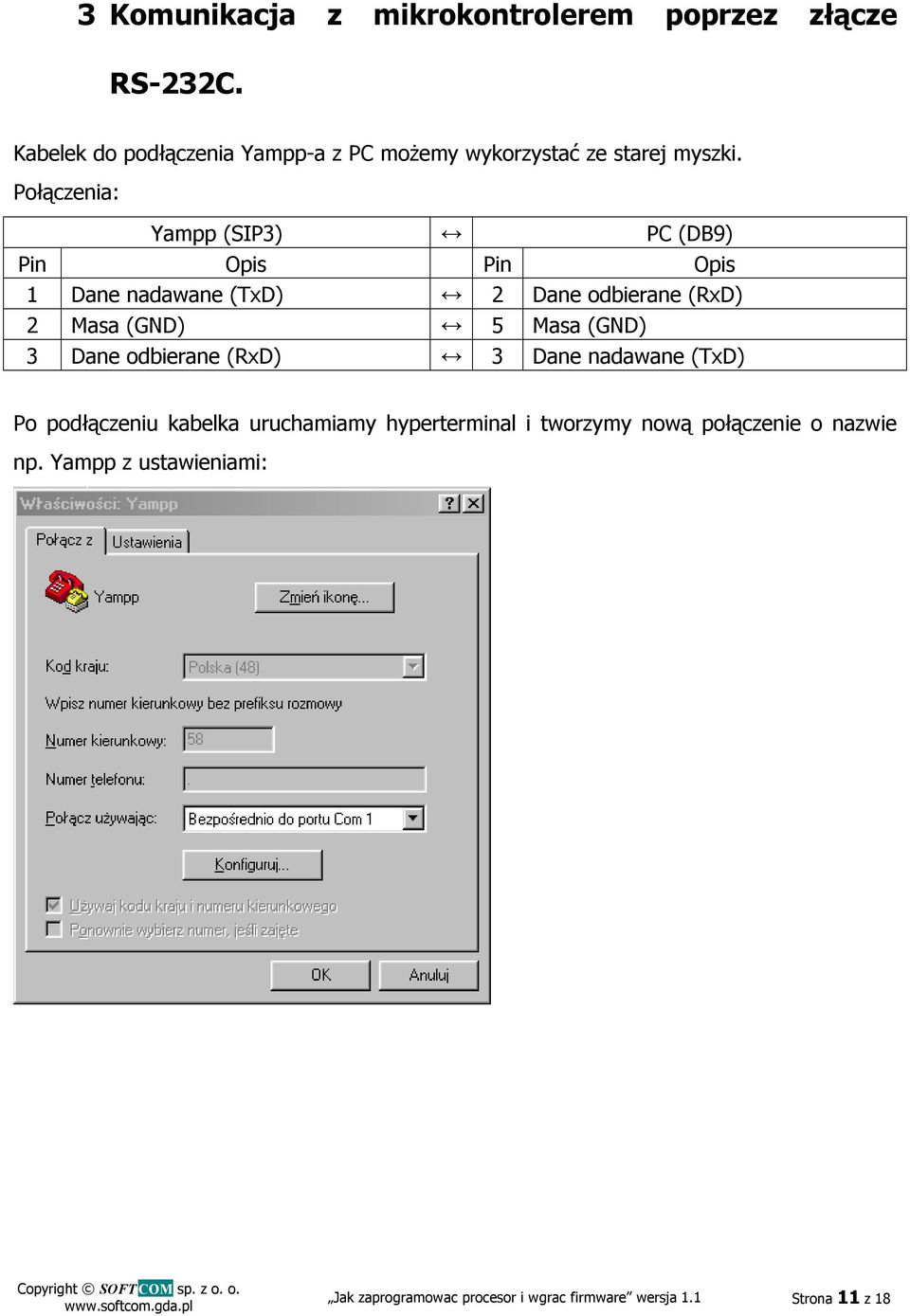 Połączenia: Yampp (SIP3) PC (DB9) Pin Opis Pin Opis 1 Dane nadawane (TxD) 2 Dane odbierane (RxD) 2 Masa (GND) 5 Masa