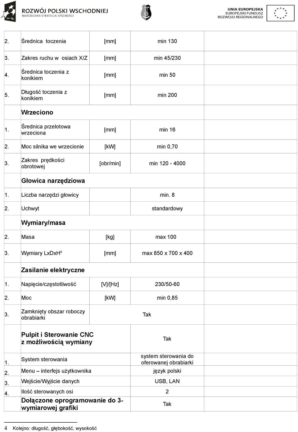 Masa [kg] max 100 3. Wymiary LxDxH 4 [mm] max 850 x 700 x 400 Zasilanie elektryczne 1. Napięcie/częstotliwość [V]/[Hz] 230/50-60 2. Moc [kw] min 0,85 3.