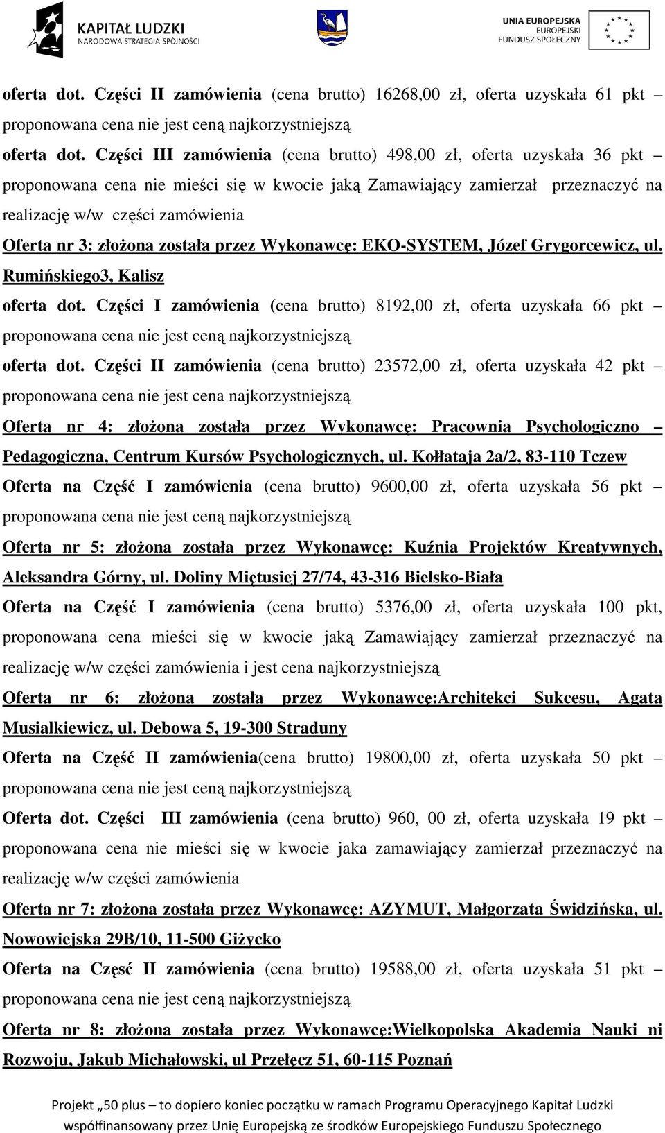 EKO-SYSTEM, Józef Grygorcewicz, ul. Rumińskiego3, Kalisz oferta dot. Części I zamówienia (cena brutto) 8192,00 zł, oferta uzyskała 66 pkt oferta dot.