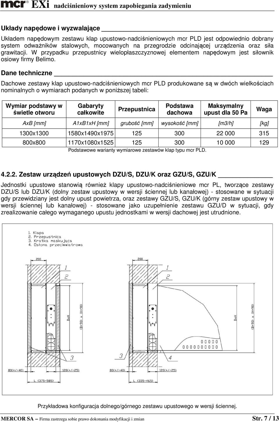 Dane techniczne Dachowe zestawy klap upustowo-nadciśnieniowych mcr PLD produkowane są w dwóch wielkościach nominalnych o wymiarach podanych w poniższej tabeli: Wymiar podstawy w świetle otworu