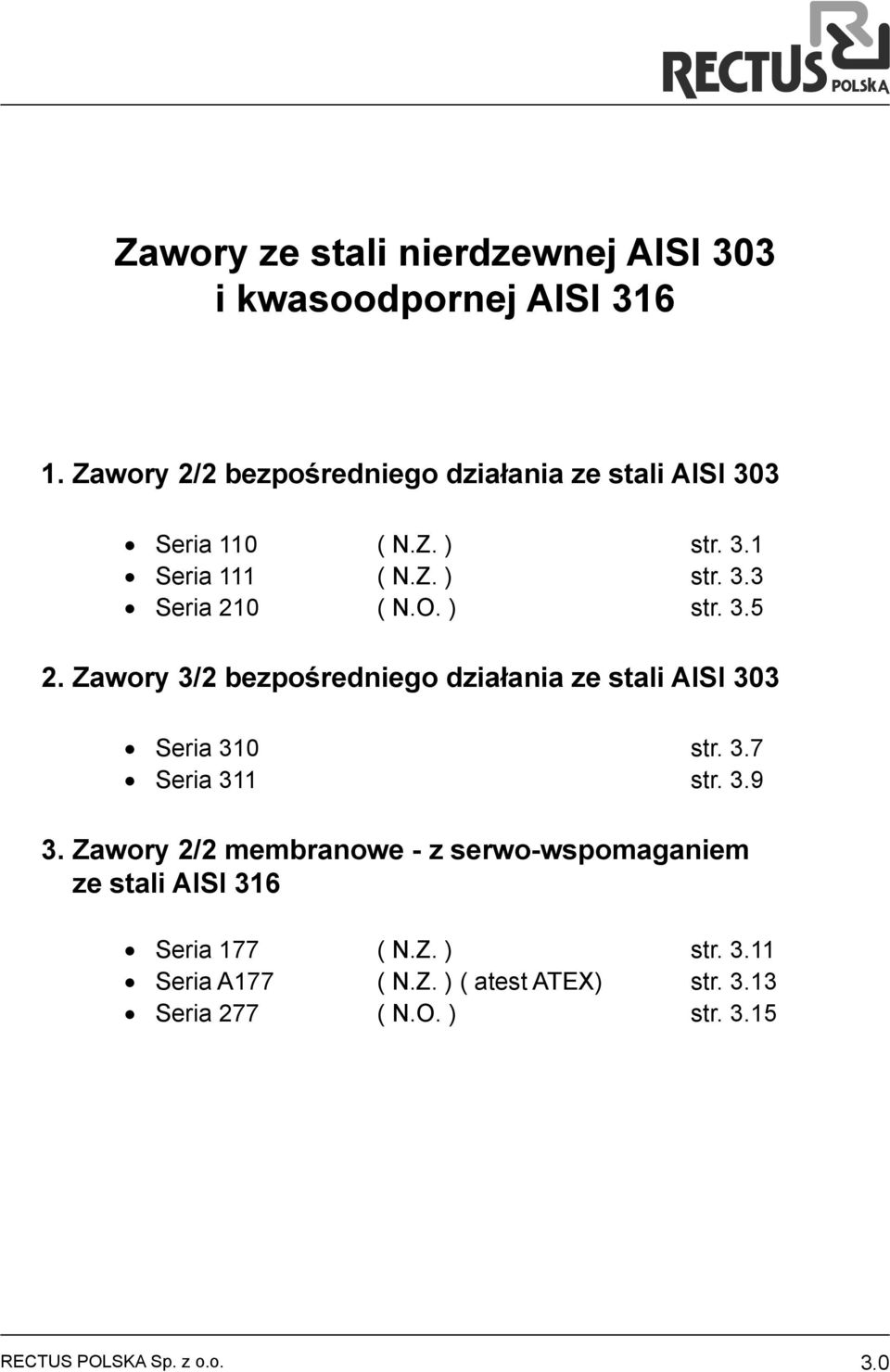 ) str..5. Zawory / bezpośredniego działania ze stali AISI 0 Seria 0 str..7 Seria str..9.