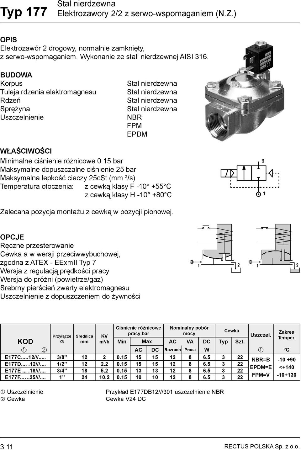 5 bar Maksymalne dopuszczalne ciśnienie 5 bar Maksymalna lepkość cieczy 5cSt (mm /s) Temperatura otoczenia: z cewką klasy F -0 +55 C z cewką klasy H -0 +80 C Zalecana pozycja montażu z cewką w