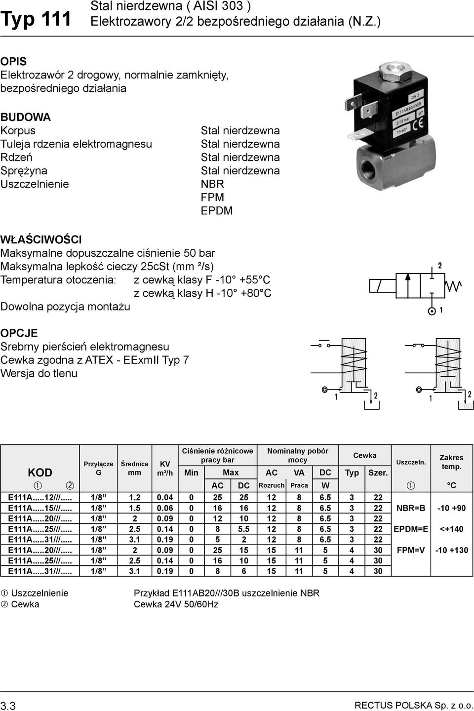 ciśnienie 50 bar Maksymalna lepkość cieczy 5cSt (mm ²/s) Temperatura otoczenia: z cewką klasy F -0 +55 C z cewką klasy H -0 +80 C Dowolna pozycja montażu Srebrny pierścień elektromagnesu Cewka zgodna