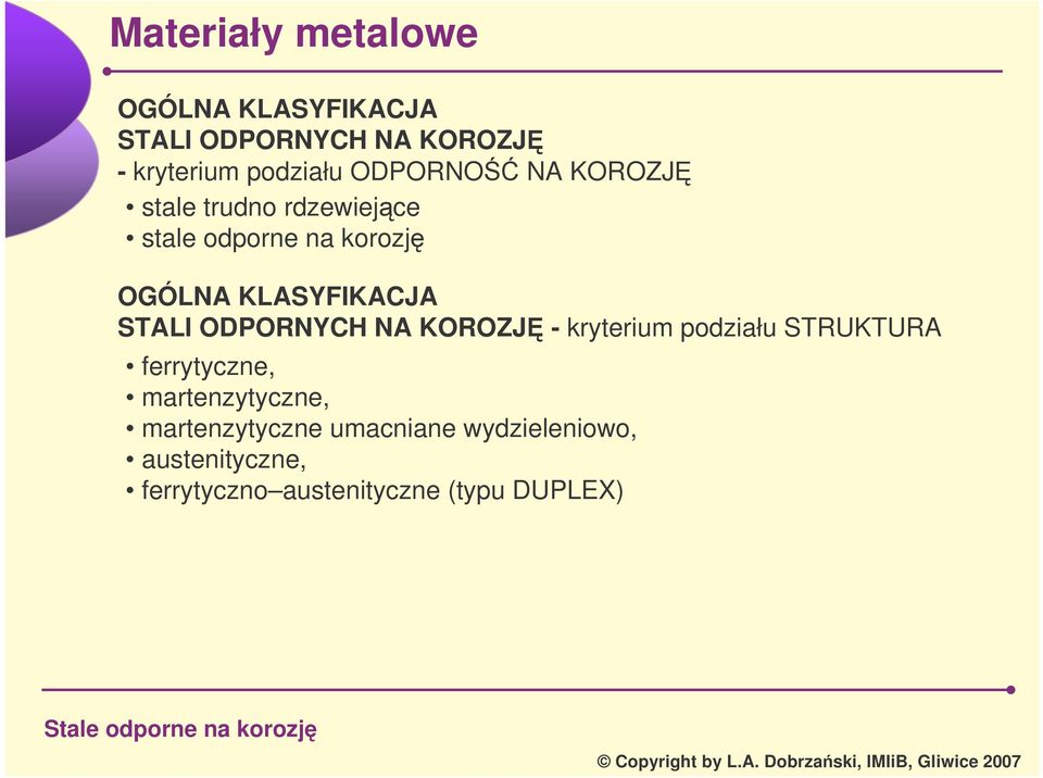 ODPORNYCH NA KOROZJ - kryterium podziału STRUKTURA ferrytyczne, martenzytyczne,