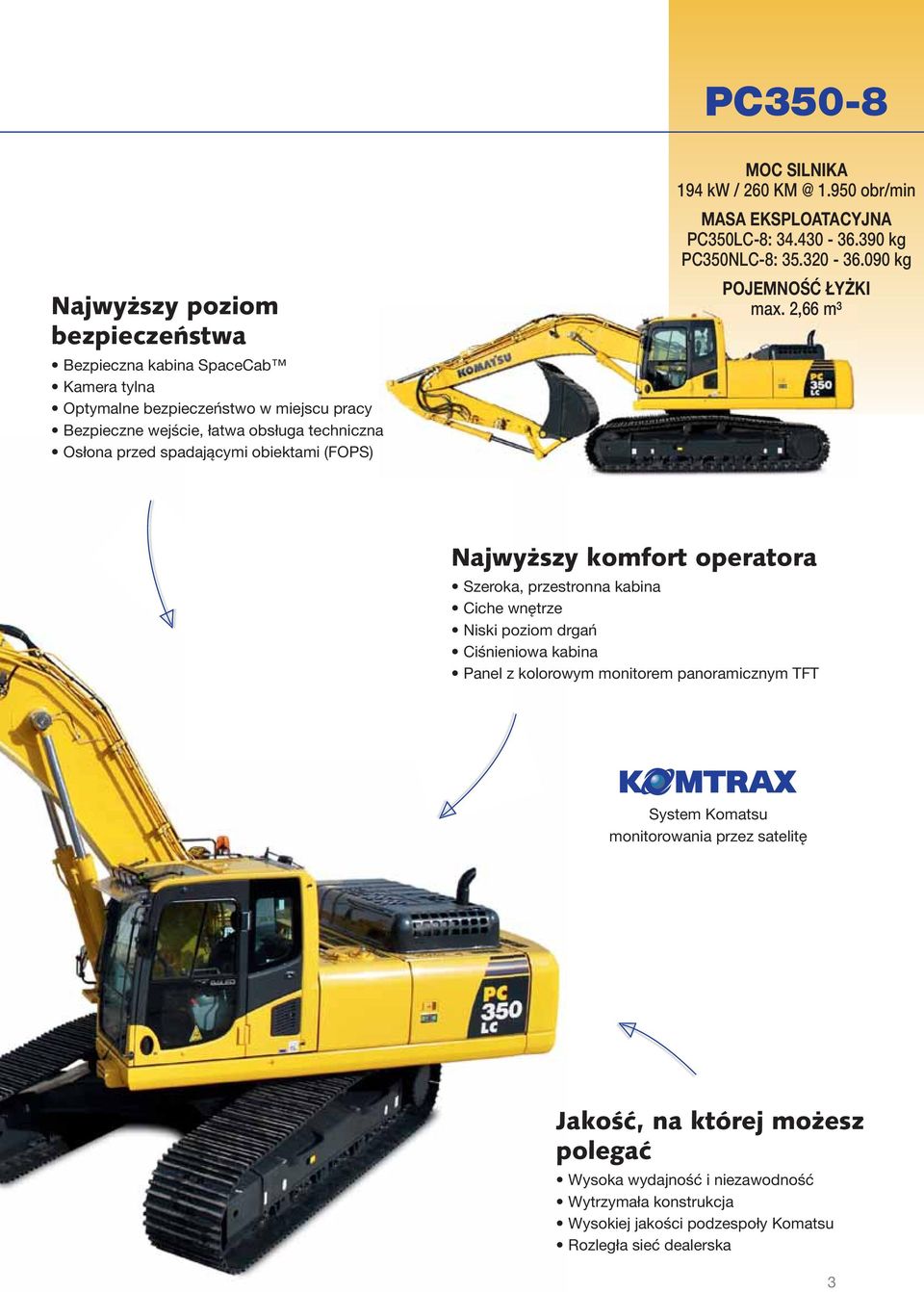 2,66 m³ Najwyższy komfort operatora Szeroka, przestronna kabina Ciche wnętrze Niski poziom drgań Ciśnieniowa kabina Panel z kolorowym monitorem panoramicznym TFT System Komatsu