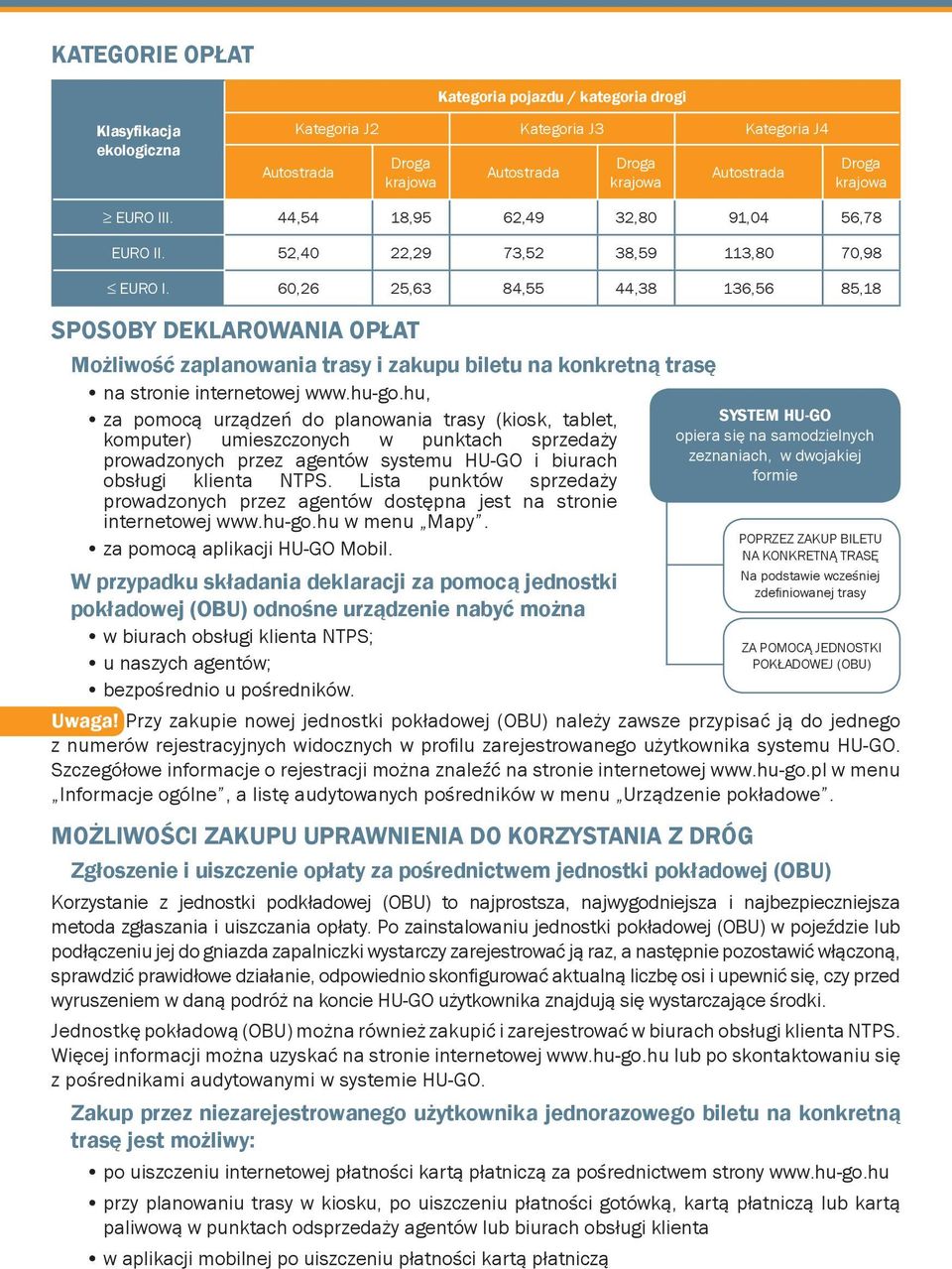 60,26 25,63 84,55 44,38 136,56 85,18 SPOSOBY DEKLAROWANIA OPŁAT Możliwość zaplanowania trasy i zakupu biletu na konkretną trasę na stronie internetowej www.hu-go.