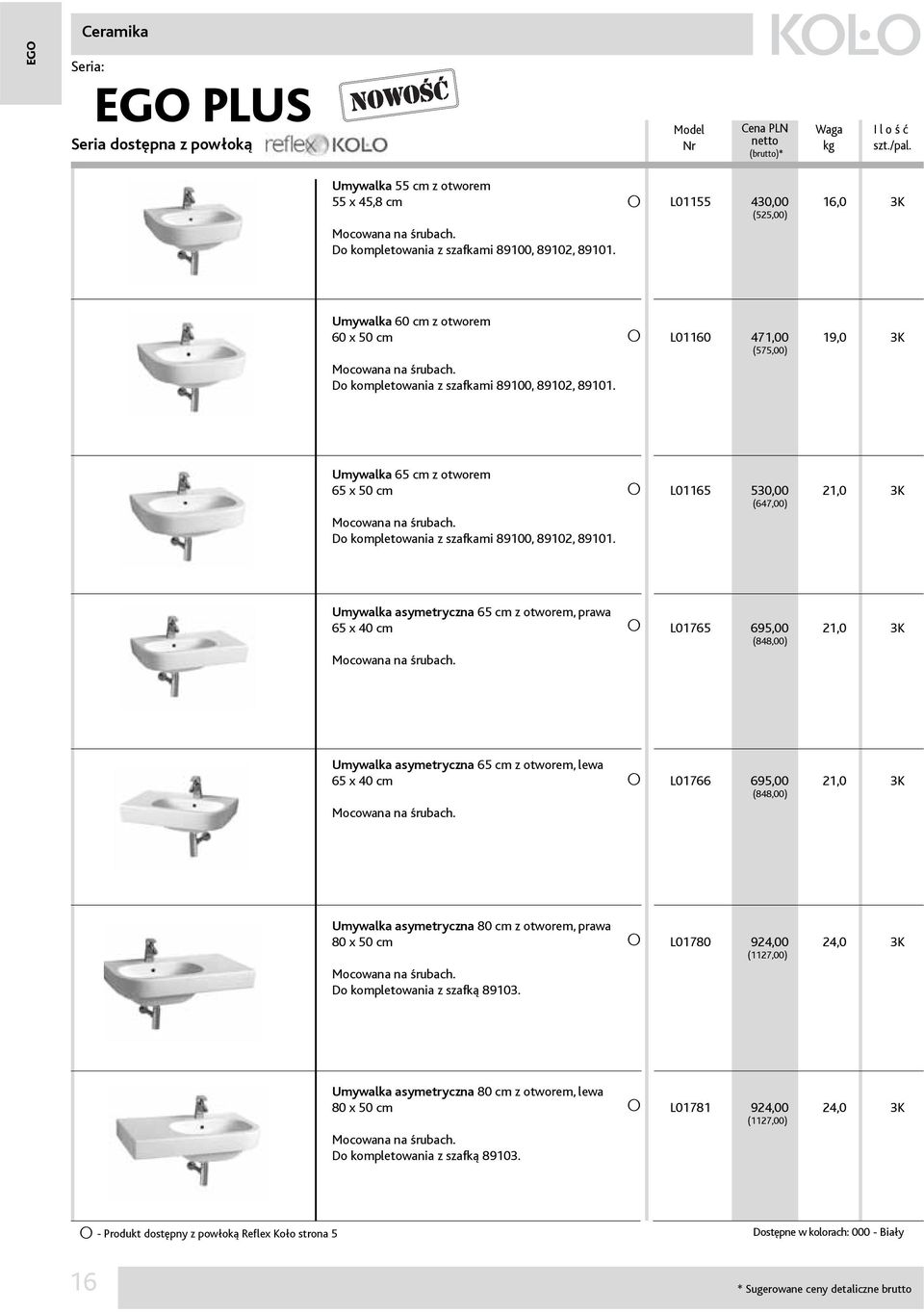 L01160 471,00 (575,00) 19,0 3K Umywalka 65 cm z otworem 65 x 50 cm Mocowana na śrubach. Do kompletowania z szafkami 89100, 89102, 89101.