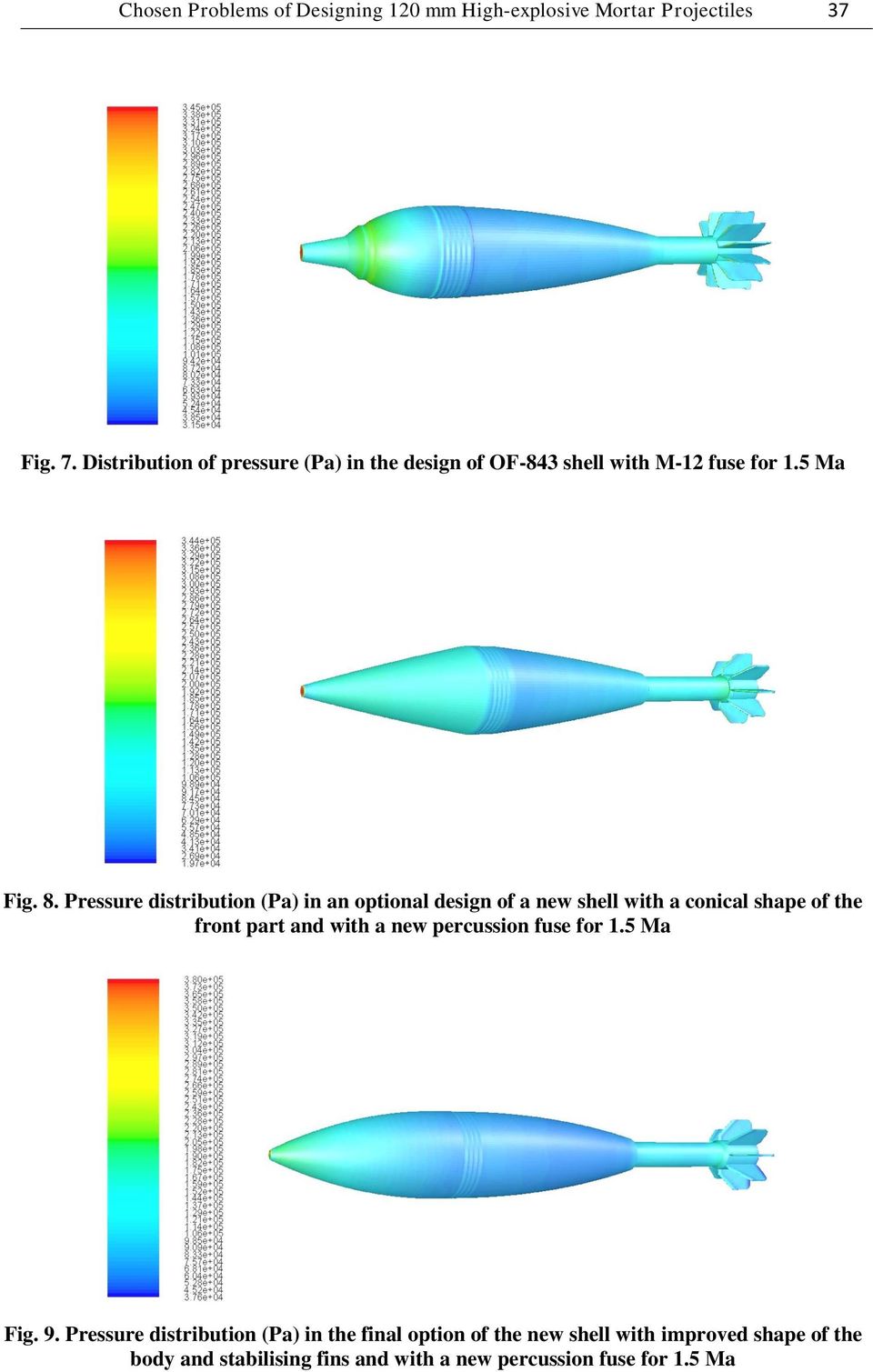 Pressure distribution (Pa) in an optional design of a new shell with a conical shape of the front part and with a new