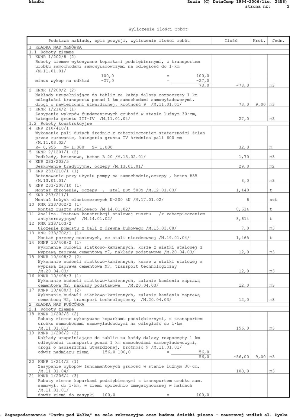 01/ 100,0 = 100,0 minus wykop na odkład -27,0 = -27,0 73,0 ~73,0 m3 2 KNNR 1/208/2 (2) Nakłady uzupełniające do tablic za każdy dalszy rozpoczęty 1 km odległości transportu ponad 1 km samochodami