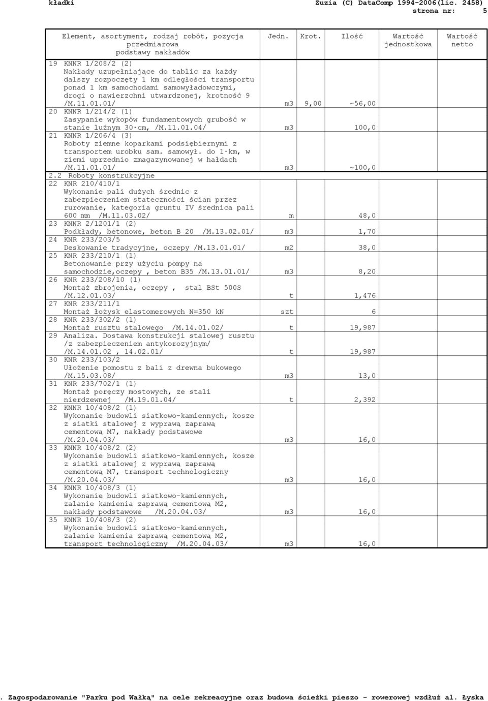 utwardzonej, krotność 9 /M.11.01.01/ m3 9,00 ~56,00 20 KNNR 1/214/2 (1) Zasypanie wykopów fundamentowych grubość w stanie luźnym 30 cm, /M.11.01.04/ m3 100,0 21 KNNR 1/206/4 (3) Roboty ziemne koparkami podsiębiernymi z transportem urobku sam.