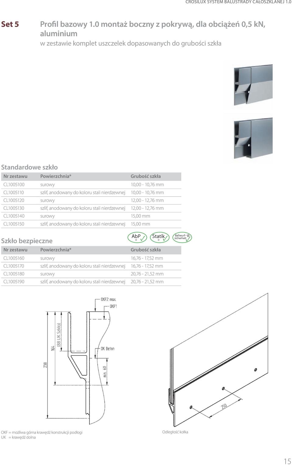 anodowany do koloru stali nierdzewnej 10,00-10,76 mm CL1005120 surowy 12,00-12,76 mm CL1005130 szlif, anodowany do koloru stali nierdzewnej 12,00-12,76 mm CL1005140 surowy 15,00 mm CL1005150 szlif,